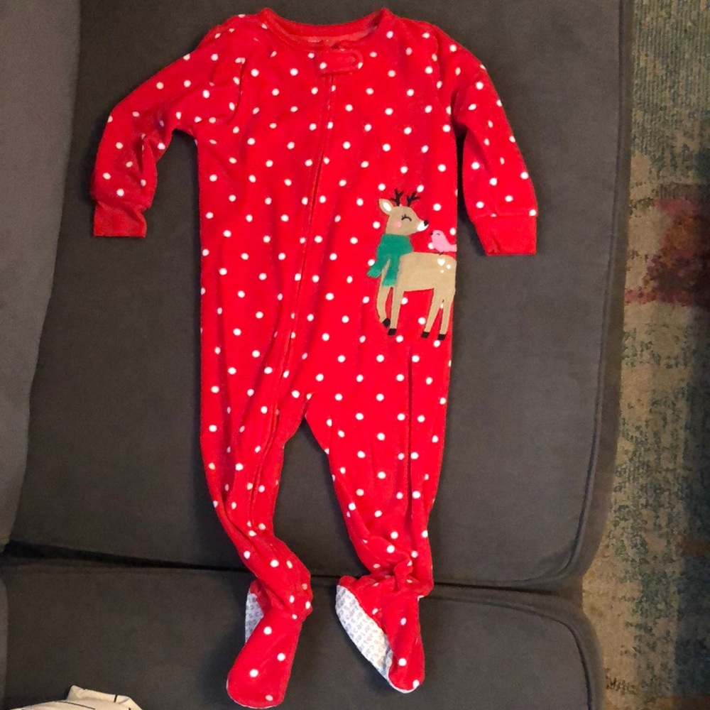 Red Polka Dot Kids One Piece with Reindeer Design